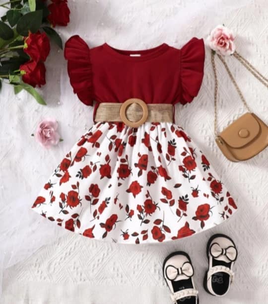 Baby Red Floral Trim Belted Dress