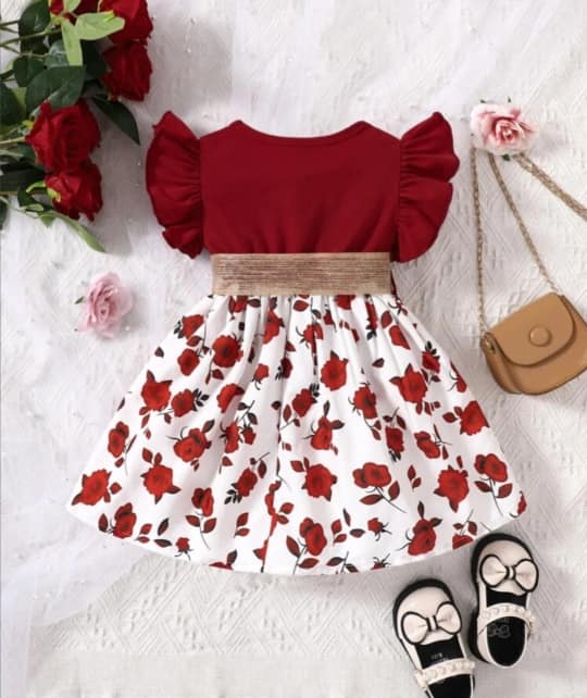 Baby Red Floral Trim Belted Dress