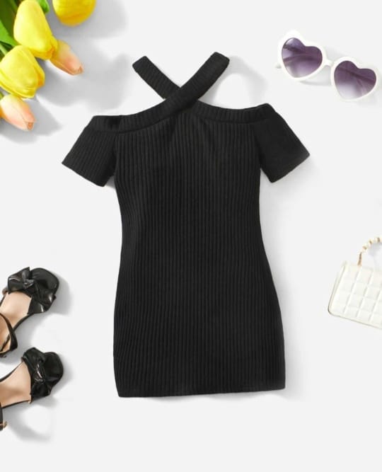 Black Criss Cross Cold Shoulder t-shirt