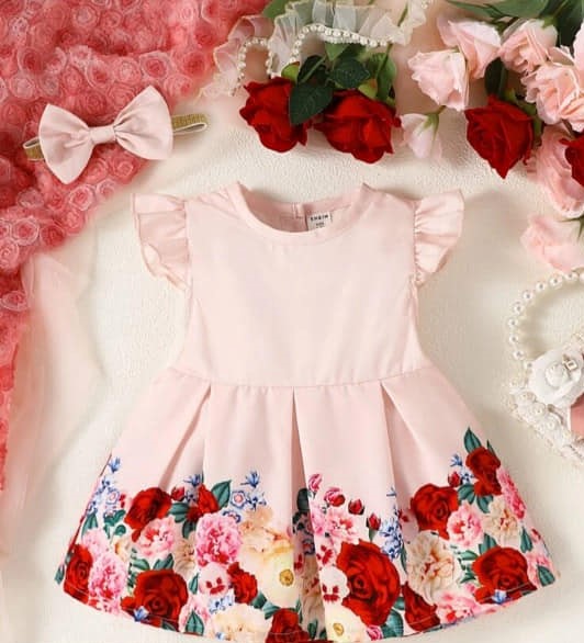 Pink Baby Floral Trim Pleated Dress