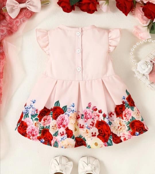 Pink Baby Floral Trim Pleated Dress